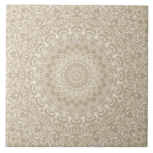 Azulejo Patrón de Mandala Ornamental Caqui y Blanco