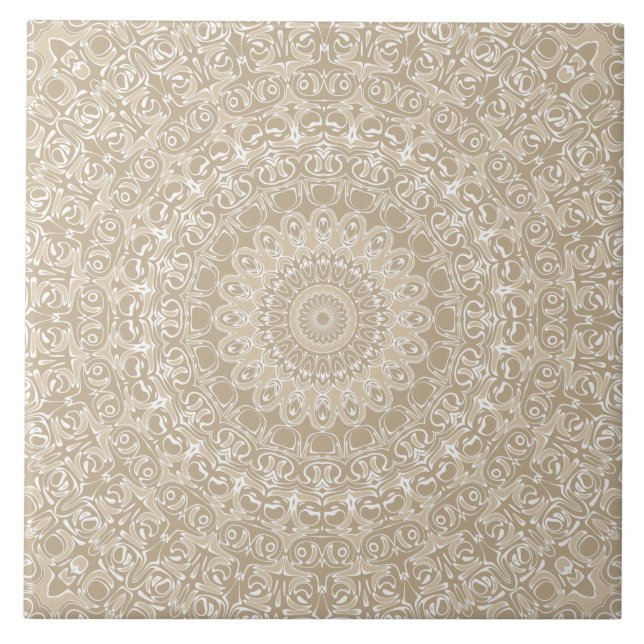 Azulejo Patrón de Mandala Ornamental Caqui y Blanco (Frente)