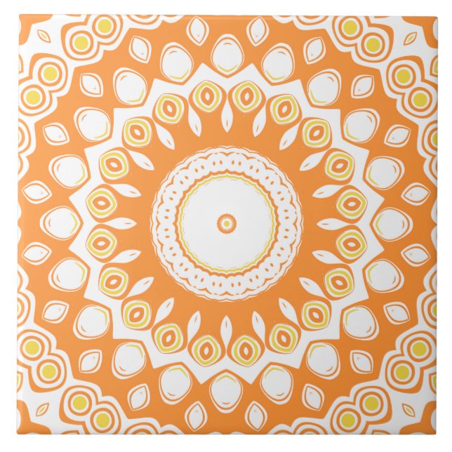 Azulejo Patrón de Mandala radiante naranja y amarillo (Frente)