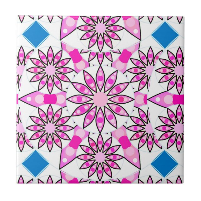 Azulejo Patrón de Mandala, rosa, rosa caliente, azul cobal (Frente)