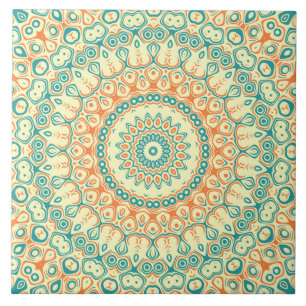 Azulejo Patrón de Mandala Teal Tropical y Naranja