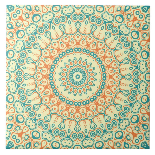 Azulejo Patrón de Mandala Verde azulado y Naranja tropical (Frente)