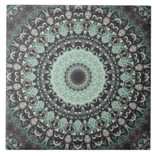 Azulejo Patrón de Mandala Verde Menta y Carbón