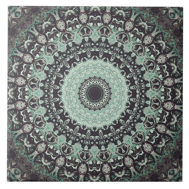 Azulejo Patrón de Mandala Verde Menta y Carbón (Frente)