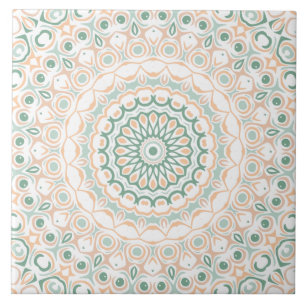 Azulejo Patrón de Mandala Verde Salvia y Melocotón