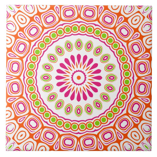 Azulejo Patrón de Mandala Vibrante de Color Naranja y Verd (Frente)