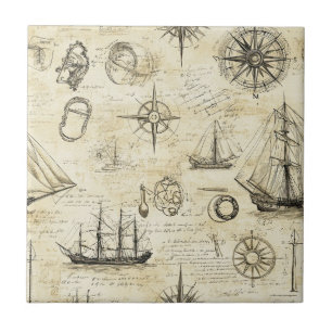 Azulejo Patrón de mapa náutico vintage con barcos y brújul