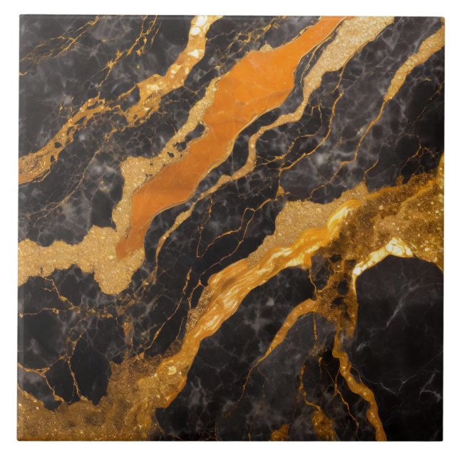 Azulejo Patrón de mármol negro naranja con oro (Frente)