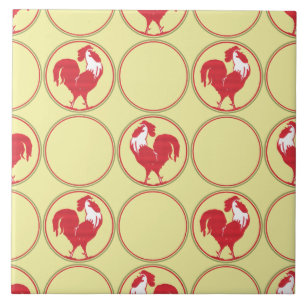 Azulejo Patrón de Medallón Gallo Rojo sobre Amarillo