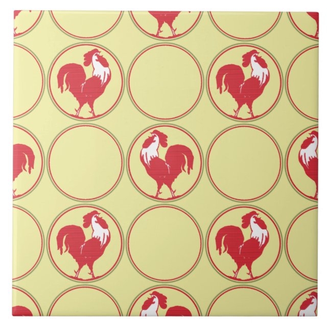 Azulejo Patrón de Medallón Gallo Rojo sobre Amarillo (Frente)