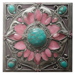 Azulejo Patrón de mosaico art nouveau rosa y turquesa