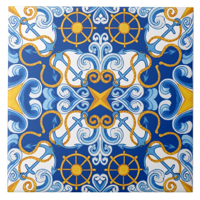 Azulejo Patrón de mosaico blanco azul mediterráneo (Frente)