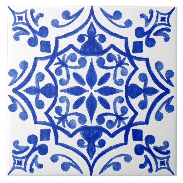 Azulejo Patrón de mosaico blanco azul mediterráneo (Frente)