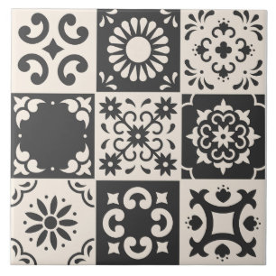 Azulejo Patrón de mosaico blanco y negro mediterráneo