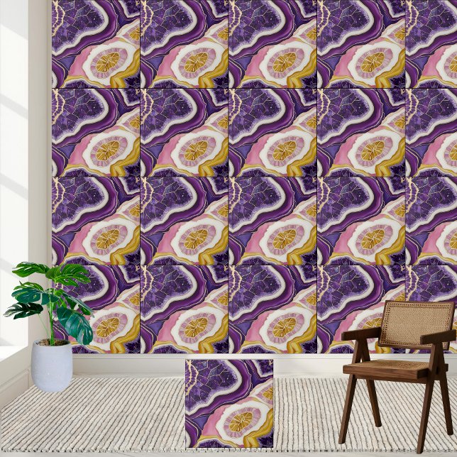 Azulejo Patrón de mosaico de geodo luminoso en rosa y oro  (Luminous Geode Tile Pattern in Violet Pink & Gold)