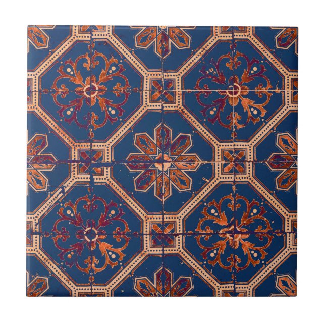 Azulejo Patrón de mosaico étnico de lujo | Azul y Naranja (Frente)