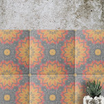 Azulejo Patrón de mosaico étnico geométrico amarillo Naran<br><div class="desc">Esta baldosa cerámica presenta un patrón simétrico, intrincado y cautivador. El patrón se caracteriza por motivos radiantes que se asemejan a soles o flores, dando un toque de belleza inspirada en la naturaleza al diseño. Los motivos están pintados en un cálido tono amarillo, que destaca sobre todo por su suave...</div>