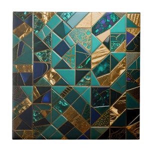 Azulejo Patrón de mosaico geométrico de oro azul verdoso d