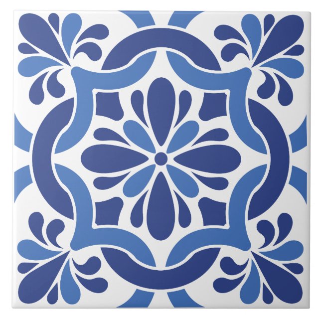 Azulejo Patrón de mosaico mediterráneo azul y blanco (Frente)