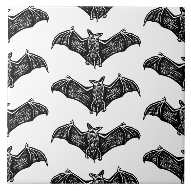 Azulejo Patrón de Murciélago Gótico Blanco y Negro (Frente)