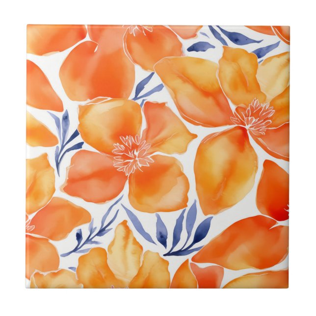 Azulejo Patrón de naranja de acuarela floral (Frente)