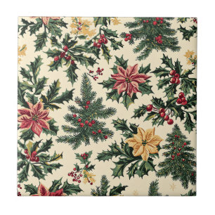 Azulejo Patrón de Navidad de Acebo Poinsettia Rojo Crema