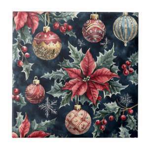 Azulejo Patrón de Navidad de poinsettia roja dorada de la 