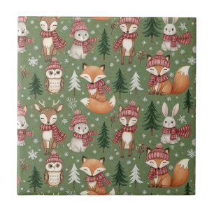 Azulejo Patrón de Navidad de zorro, ciervo, conejo y búho