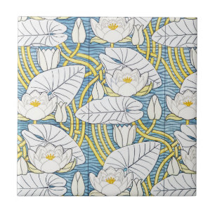 Azulejo Patrón de Nenúfar Art Nouveau Verde Salvia