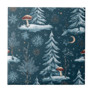 Azulejo Patrón de noche de bosque de invierno encantado