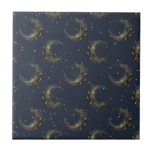 Azulejo Patrón de noche estrellada de luna dorada celestia