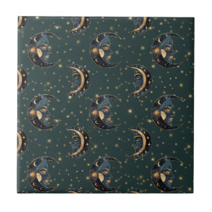 Azulejo Patrón de noche estrellada de luna dorada celestia