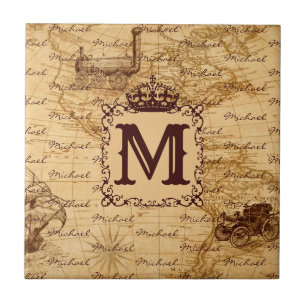 Azulejo Patrón de nombre vintage de la corona real Beige