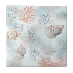 Azulejo Patrón de olas de aqua y conchas de arrecife de co