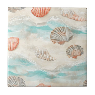 Azulejo Patrón de olas de aqua y conchas de arrecife de co