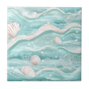 Azulejo Patrón de olas del océano acuático y conchas marin