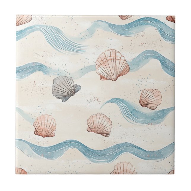 Azulejo Patrón de olas del océano con conchas marinas (Frente)