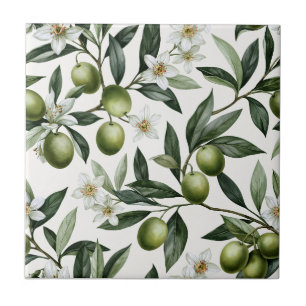 Azulejo Patrón de olivo de estilo francés en acuarela verd