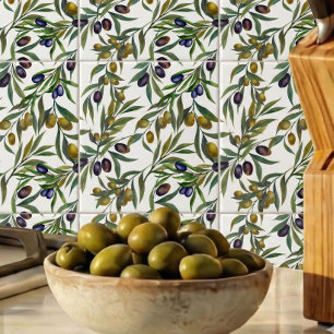 Azulejo Patrón de olivo en verde salvia acuarela país fran