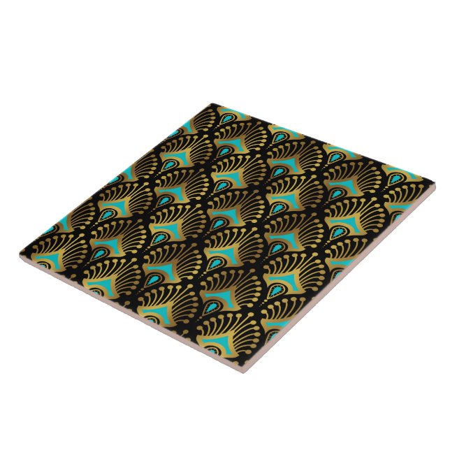 Azulejo Patrón de oro y azul Art Deco sobre negro (Lado)