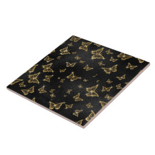 Azulejo Patrón de oro y mariposas negras de vidrio
