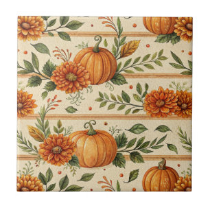 Azulejo Patrón de otoño de calabaza rústica y crisantemo