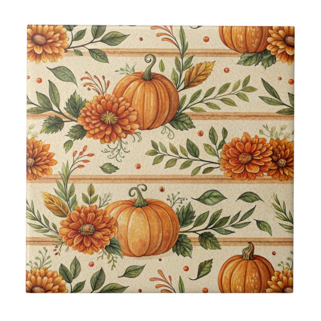 Azulejo Patrón de otoño de calabaza rústica y crisantemo (Frente)