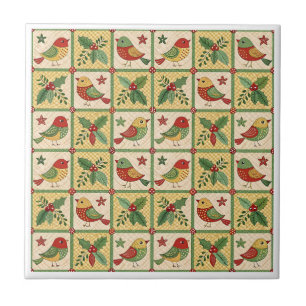 Azulejo Patrón de pájaro de Navidad de arte popular vintag