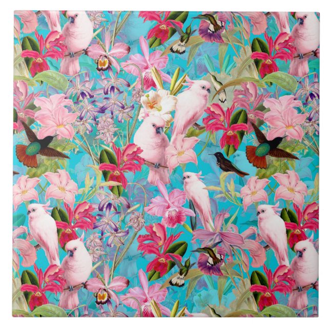 Azulejo Patrón De Pájaro Tropical Rosa Y Flor Orquídea (Frente)