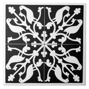 Azulejo Patrón de pájaro vintage antiguo en blanco y negro