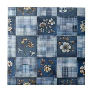 Azulejo Patrón de parches florales Denim Boho