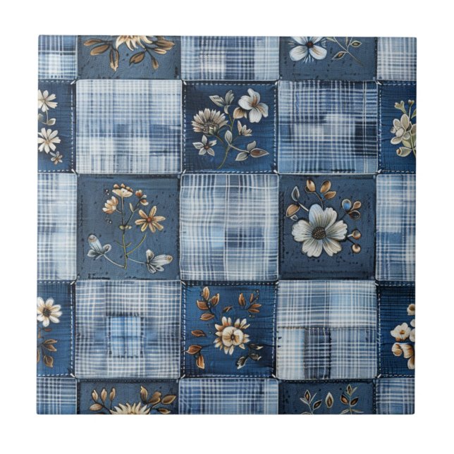 Azulejo Patrón de parches florales | Denim Boho (Frente)