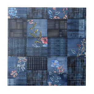 Azulejo Patrón de parches florales índigo   Boho Denim
