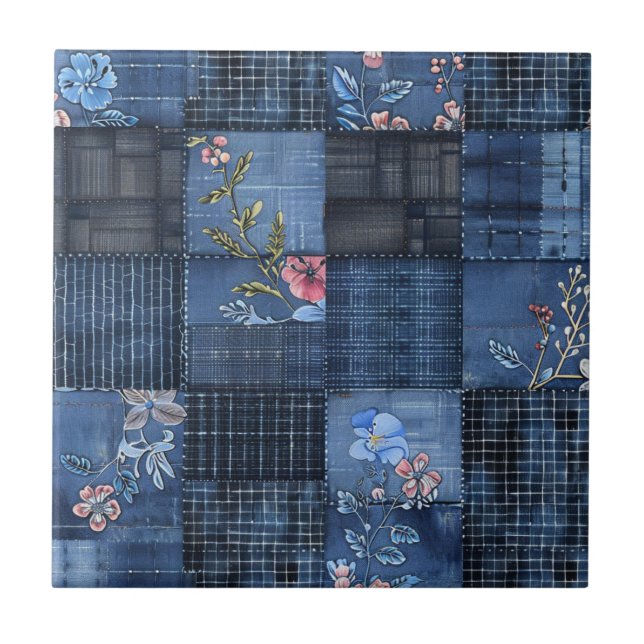 Azulejo Patrón de parches florales índigo | Boho Denim (Frente)